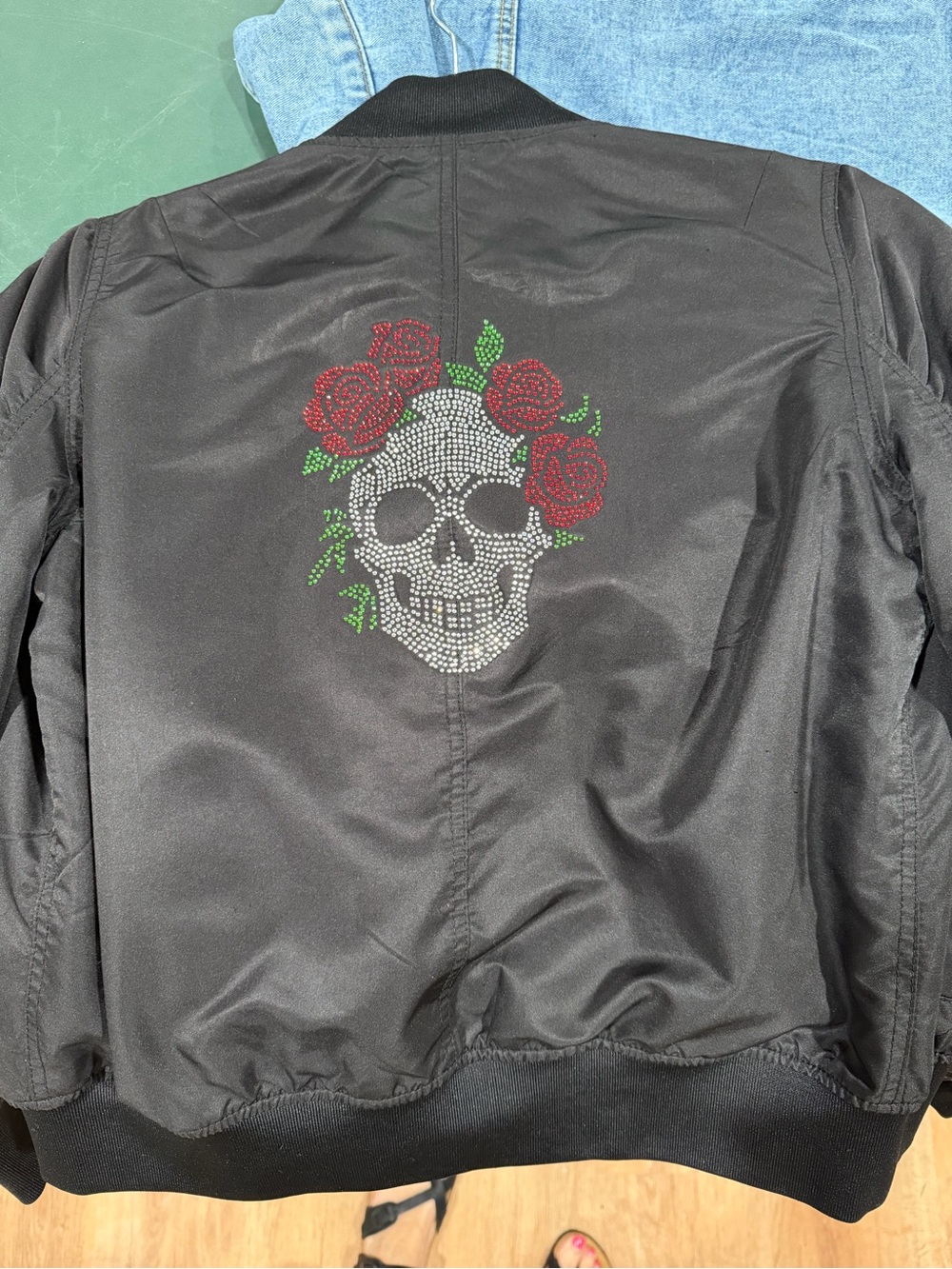 Ci Sono Black Bomber Jacket with Rhinestone Skull and Red Rose Accent
